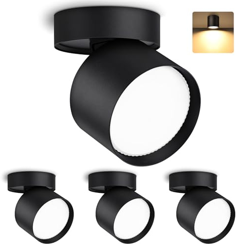 KYOTECH Set med 4 svängbara och svängbara LED-spotlights, Ø 84 x 80 mm, svart synlig taklampa ingår, 6 W, utbytbar, GX53 glödlampa, 3 000 K, varmvit, 550 LM, LED-spotlight, taklampa