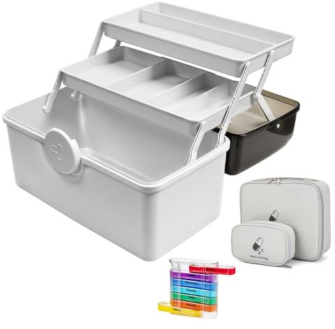 SLTAXAR Medikamentenbox Groß mit Tablettenbox 7 Tage Medikamenten Aufbewahrung Medicine Organizer Box 34 x 21.5 x 19cm Medizinbox Hausapotheke Medikamenten Box Medicine Medikamententasche für zuhause