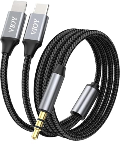 VIOY Aux to USB C and Lighting 1M, 2 in 1 Stereo Jack Audio Cable | Hi-Fi stereo sound, aluminum shell nylon braided, one-way audio only for Car Compatible with iPhone 5-16 / Plus/Pro/Pro Max