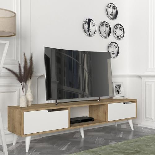 [en.casa] Meuble TV Support Télé 2 Portes Compartiment de Rangement Ouvert Passe-Câble Stable Élégant Moderne Salon Séjour Chambre Panneau de Particules 160 x 35 x 40 cm Effet Chêne Blanc