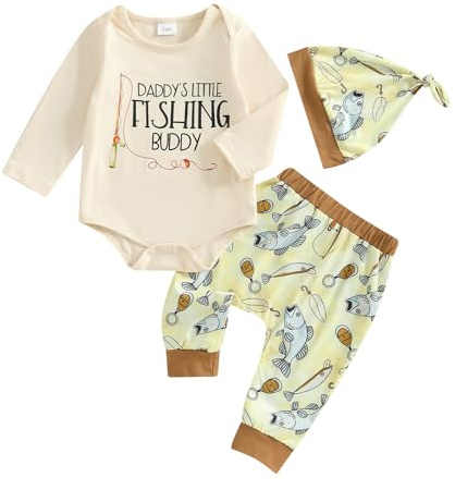 Toddler Infant Baby Boys Clothes Set Long Sleeve Round Neck Romper Fish Print Pants Hat Set Newborn Baby Boy Fall Outfits Baby Boy Fishing Outfit (Beige, 0-3 Months)