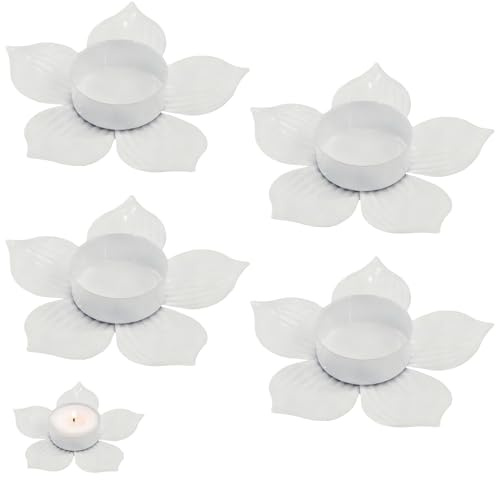 Tianher Candelabro, 4 Pezzi Porta Candele In Metallo Portacandele Forma Del Fiore Portacandele Bianco Per Decorazione Da Tavolo Battesimi Matrimoni Feste e Decorazioni Natalizie