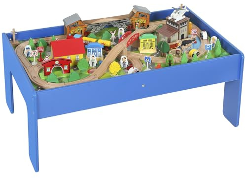 AIYAPLAY Spieltisch, 108-teiliges Eisenbahn-Set aus Holz, Holzeisenbahn mit Abnehmbarer Tischplatte, Eisenbahntisch für Kinder ab 3 Jahren, Blau