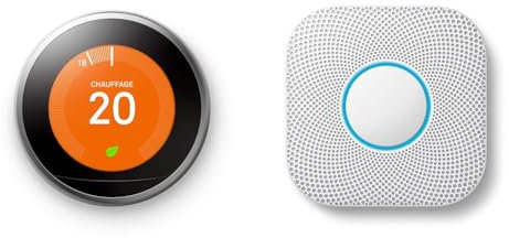 Google Nest Learning Thermostat, 3eme Génération,Thermostat Connecté, Acier T3028FD & Nest Protect 2ème Génération: Détecteur de Fumée et Monoxyde de Carbone, (à Piles), Blanc