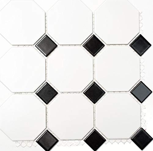 Mosaik Fliese Keramik Octagonal weiß matt schwarz glänzend für WAND BAD DUSCHE KÜCHE FLIESENSPIEGEL THEKENVERKLEIDUNG BADEWANNENVERKLEIDUNG Mosaikmatte Mosaikplatte | 10 Mosaikmatten
