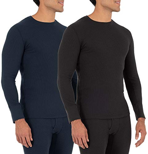 Fruit of the Loom Men's 2-Pack Recycled Waffle Thermal Underwear Crew Top, Black/Navy, X-Large