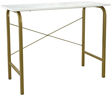 VERSANORA Teamson Home 40″ Bella Modern Wooden Home Office Computer Desk, Study Writing Table or Side Table with White Faux Marble Top and Brass Metal Frame