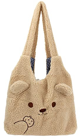 MEGAUK Damen Plüsch Umhängetasche Große Kapazität Cartoon Bär Stickerei Shopper Schultertasche Tote Bag für Uni Arbeit Mädchen Schule