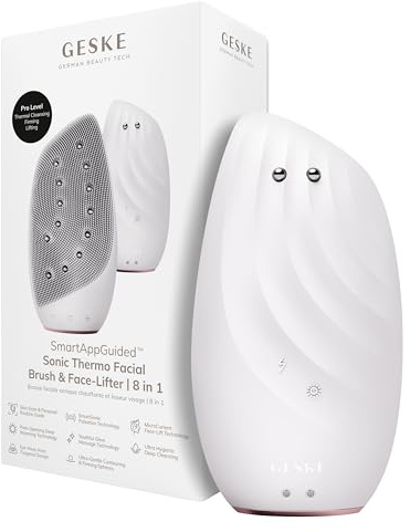GESKE | SmartAppGuided™ Sonic Thermo Facial Brush & Face-Lifter | 8 in 1 | Hautreinigung & gegen Falten | elektrische Reinigungsbürste aus Silikon | Gesichtsmassagegerät | Cleansing & Anti Aging