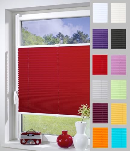 DécoProfi Plissee ohne Bohren ROT 120cm x 130cm (max. Gesamthöhe Fensterflügel) I Verspannte Plissees nach Maß mit Klemmträger/Klemmfix I Blickdichte Innenrahmen-Plissees zum Klemmen