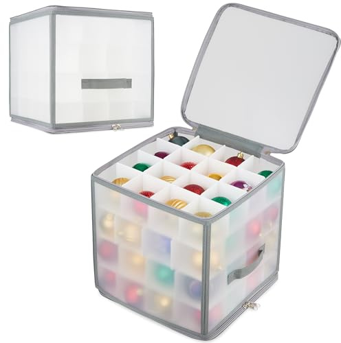 DECO EXPRESS Scatola Porta Palline di Natale, Chiaro Contenitore Decorazioni Natalizie, Divisori per 64 Addobbi, Manici e Coperchio con Cerniera (Box Decorazioni)