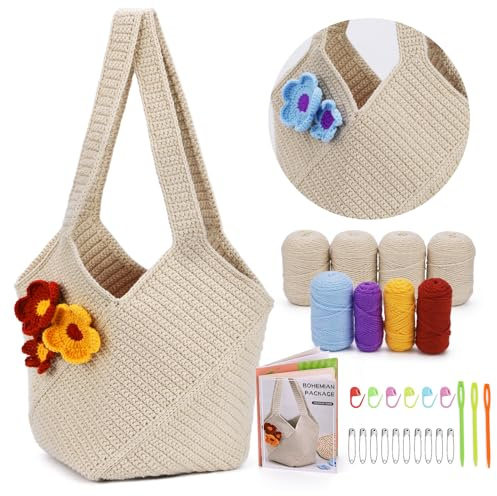Pnytty Häkeltasche Kit für Anfänger Komplettes Starterset mit Garn, Haken & Schritt für Schritt Video Tutorials DIY Umhängetasche Basteln Geschenk für Erwachsene (Beige)