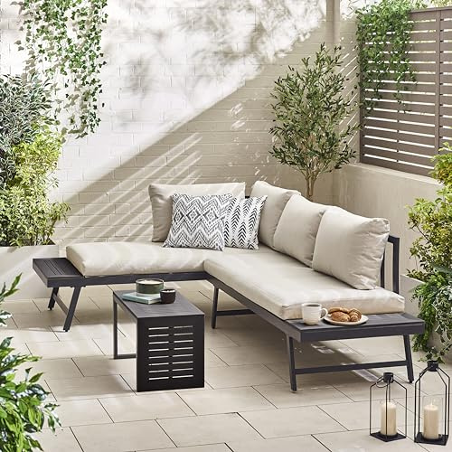 Furniturebox UK Outdoor Garden Furniture - Riviera Grey 2 Person Modular Chaise Garden Sofa Sun Lounger + Tables - Double Sun Lounger Or 2 Garden Sofas - Grey Metal + Polywood End and Coffee Tables