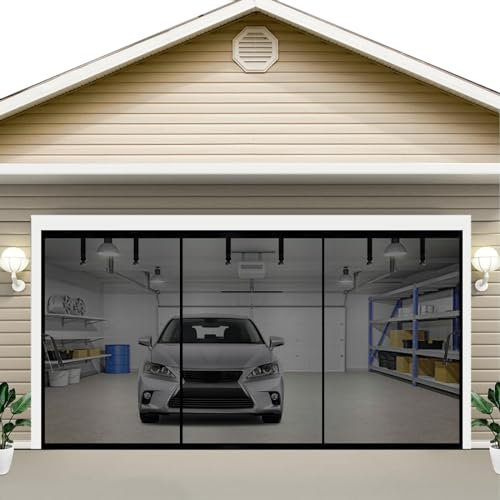 Magnetischer Garagentorschutz, 4,9 x 3,6 m, für 2 Auto-Garagentore, robuster Fiberglas-Garagen-Vorhang, freihändig und kinderfreundlich, beschwerter Boden, einziehbar, für Garage, Terrasse, 4,9 x 3,6