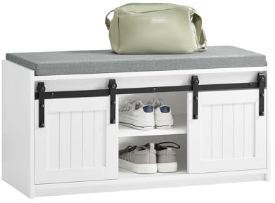 SoBuy Schuhbank mit Sitzfläche Sitzbank mit Stauraum Dielenbank mit Schiebetüren Schuhtruhe Sitzkommode Schuhregal schmal BHT ca. 90x46x35cm Weiß FSR133-K-W