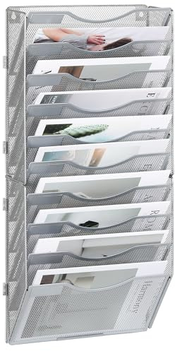 TQVAI Dokumenten Organizer 10 Fächer Metall Zeitschriftenhalter Wand A4 Papier Flyerhalter Postsortierer Dokumentenablage für Büro Zuhause Schule, Silber