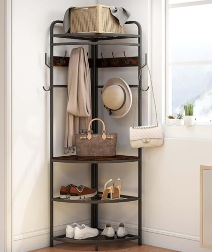 Nisorpa Ecke Garderobenständer 180cm, Eckgarderobe-Mit 11 Haken, Garderobe 80kg Tragfähigkeit Schlafzimmer Wohnzimmer Ecke Eingang Metall & Holz(Braun)