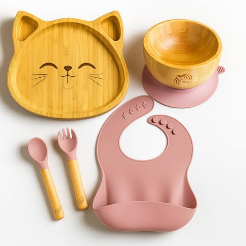 Bambus Baby Geschirr Set mit Silikon-Saugnapf – lebensmittelecht, BPA-frei, rutschfest – 5-teiliges Set für Babys & Kleinkinder, ab 6 Monaten (Koala/Katze/Rund)