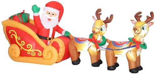 Outsunny 240 cm Aufblasbarer Weihnachtsmann auf Schlitten mit 2 Rentier | Aufblasbare Weihnachtsdekorationen, Mit Eingebauten LED-Lichtern, Weihnachtsdeko für Rasen, Hof und Garten