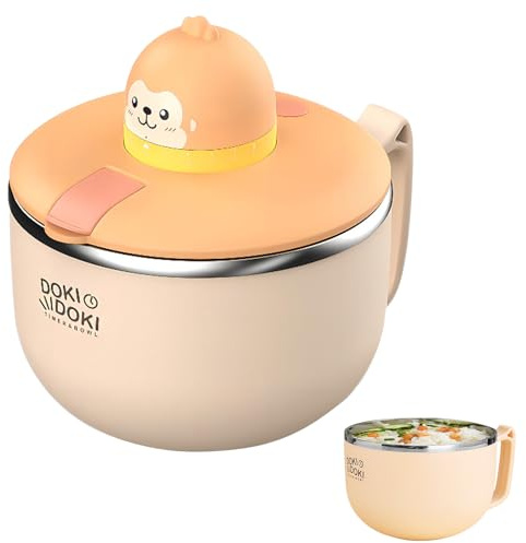 Ramenskål med lock, stor 1200 ml Instantnudeskål med timer, Instantpastaskål med handtag, bärbar 304 rostfritt stål pastaskäll för pasta, Bento, frukt, lunch, sallader
