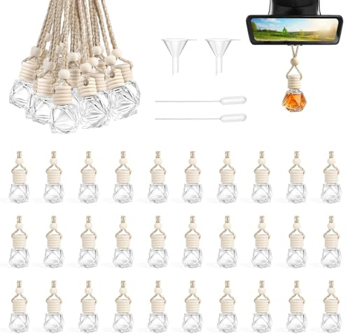 EXLECO 30 st bilparfym, flaska, tom, 8 ml, bildoft, för självfyllning, påfyllningsbar bil-luftfräschare parfymflaska, bil, eterisk olja, diffuser, hänge, glas för hem, kontor, parfym, dekor, romb