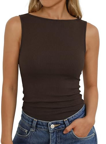 Aottori Canotta Donna Estiva Scollo a Barca Tank Top Senza Maniche Coste Elegante Canottiera Basic Slim Fit T Shirt Lunga Elasticizzata Tops Casual Marrone L