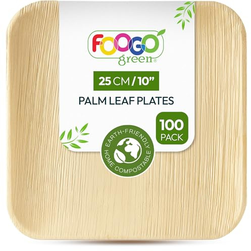 FOOGO Green 100pcs Disposable Palm Leaf Plates, 10(25cm) Large Square, Eco Friendly Biodegradable Compostable Like Wooden, Bamboo, Paper Plates for Hot Food, Picnic Wedding Parties
