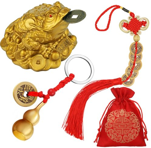 3 Pieces Feng Shui Frog Chinese Knot Lucky Coins Feng Shui Brass Wu Lou with Coins Keychain for Longevity Travel Safely Wealth Success and Good Luck with 1 Blessing Card and 1 Red Blessing Bag