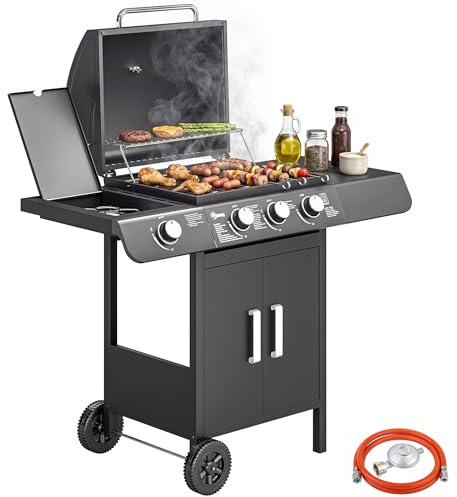 Outsunny Barbecue a Gas con Coperchio, 4 Bruciatori Totali da 11.6kW e Termometro, Fornello Laterale, Mensola e 2 Ruote, 110x50x100cm Nero