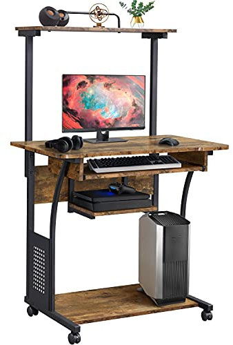 Yaheetech Computertisch mit Regal Schreibtisch Büro PC Tisch mit Rollen Eckschreibtisch Vintage 80 x 50 x 132 cm