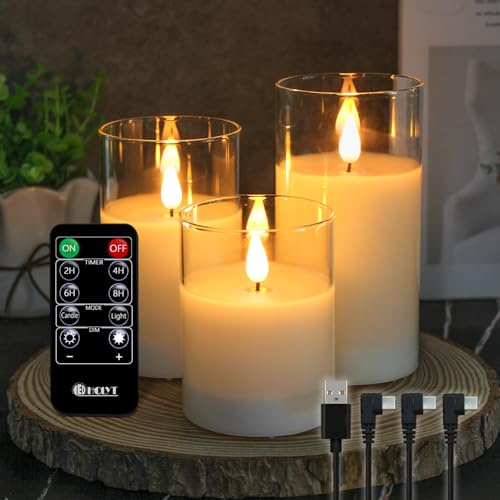 LEDHOLYT Rechargeable Flameless Glass Pillar Candles–Mothers Day Gifts,–Set of 3, Realistic Flickering LED Light,Remote & Timer, Ideal for Living Room, Bedroom & Birthday Gifts for Mom