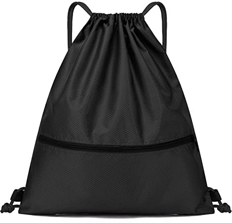 Jsdoin Kordelzugbeutel mit Kordelzug, Turnbeutel damen,Turnbeutel Daypack Gym Bag Mit Aussentasche Verstellbar Tunnelzug Gymsack mit Innentasche für Sport (Schwarz)