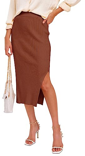 HERBATOMIA Women’s Pencil Midi Skirt Stretchy Ribbed Knit Split Side High Waist Mid Length Solid Brown Bodycon Skirts for Women