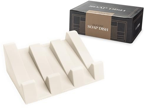 iSoapStone Silicone Soap Dish (USA Patented) Self Draining Bar Soap Holder for Shower Bathroom Sink, Drying Soap Dish Tray Sponge Holder Easy Cleaning Soap Saver Travel Accessories (Beige, 1)