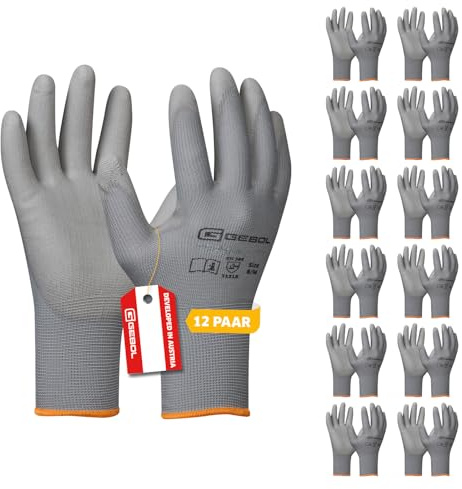 Gebol Micro Flex Lot de 12 paires de gants de travail avec revêtement en polyuréthane pour une prise en main confortable et une meilleure prise en main, gants de montage pour homme et femme