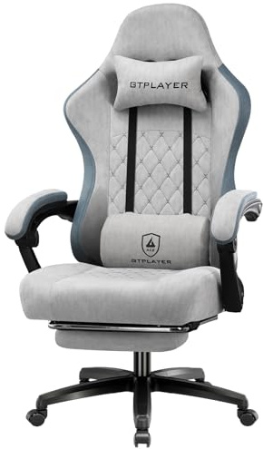 GTPLAYER Sedia da gaming, ergonomica, da scrivania, con superficie in tessuto, cuscino a molla, braccioli di collegamento e poggiapiedi, Grigio