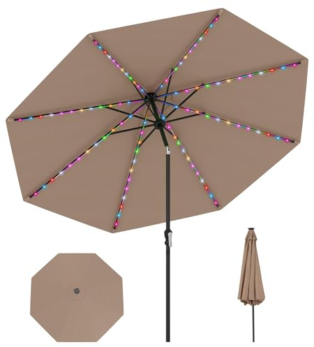 COSTWAY Sonnenschirm 300 cm mit LED-Solar-Beleuchtung, 9 Beleuchtungsmodi, Gartenschirm mit Kurbel, beidseitig um 35° knickbar, Terrassenschirm, Marktschirm für Garten, Balkon, Terrasse (Kaffee)