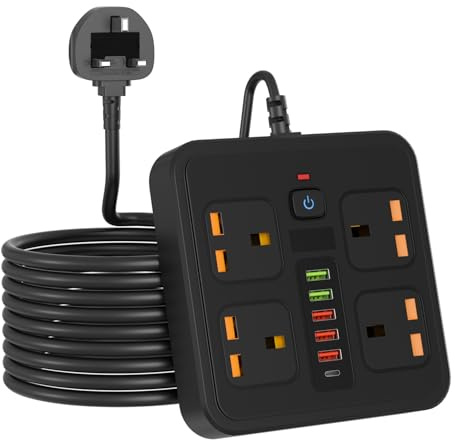 4 Way Power Strip USB Extension Lead,Surge Protector Power Strip | Extension Lead with 5 USB and 1 Type-C Ports, Surge Protected Multi Plug Extension Cord for Kitchen Office Home, Black
