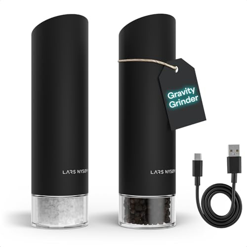 LARS NYSØM Gravity Grinder - Elektrisches Salz- und Pfeffermühlen Set - USB-C Wiederaufladbare Automatische Gewürzmühlen, Einstellbarer Mahlgrad, Einhandbedienung für die Küche (Carbon Black)