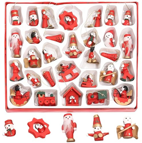 30 Pièces Decoration Sapin Noel en Bois, Pendentifs en Bois pour Arbre de Noël Sapins de Noel Ornement Pendentif avec Corde Décorations Suspendues Ornements de Noël pour Xmas