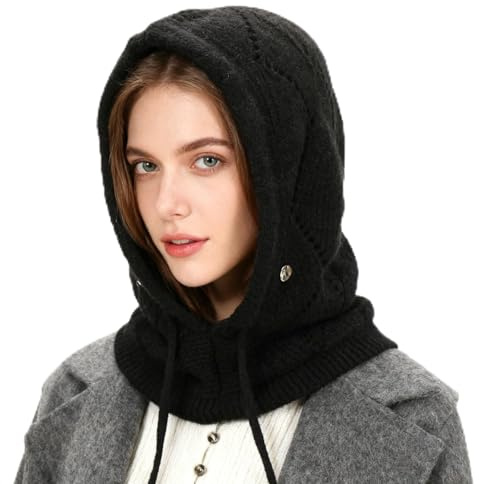 AYPOW Mujer Invierno Gorro de Punto y Bufanda con Capucha, 2 en 1 Térmicos Prueba de Viento Ajustable Pasamontañas, Moda Ocio Pullover Calentador de Cuello para Deportes al Aire Libre Diario Correr
