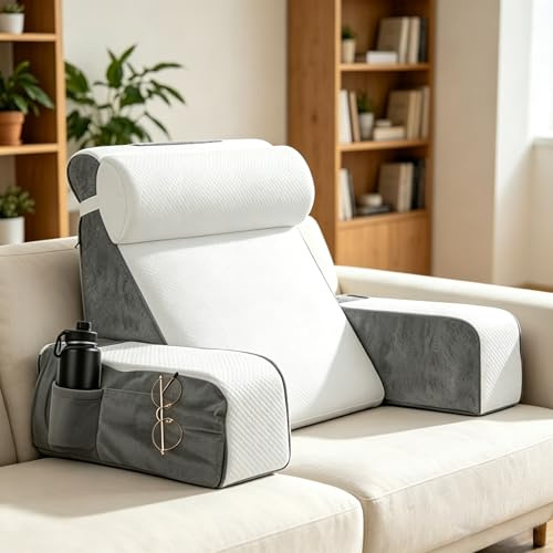 Grand coussin de lecture avec traversin et accoudoirs amovibles, coussin de dossier, coussin de dossier, coussin de dossier, oreiller ergonomique avec bras et sac, housse lavable pour lire et regarder