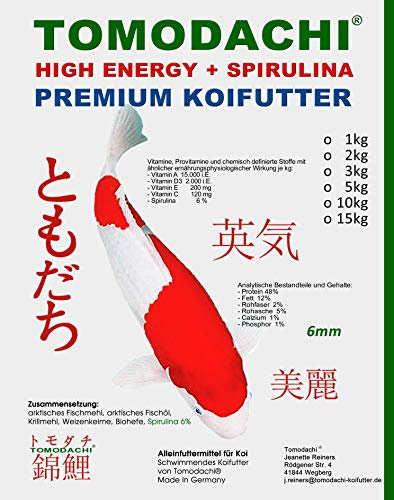 Koifutter Energiefutter für Koi, hochenergiereiches Koifutter mit Spirulina, Tomodachi Premium Koi High Energy Schwimmfutter, Spirulinafutter 15kg, 6mm Koipellets
