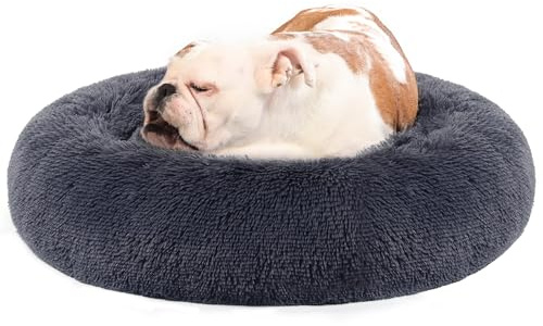 Feandrea Hundebett flauschig, waschbar, Langer Plüsch, 80 cm Durchmesser | Katzenbett, Donut Kissen, Polsterung in der Mitte herausnehmbar, Dunkelgrau, BOBBEE Kollektion PGW040G02