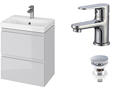 VBChome Mueble de baño Slim de 50 cm gris con grifo y válvula desplegable, lavabo con armario bajo, 2 cajones, moduo, armario colgante Click-clack