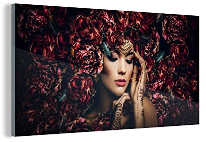 MuchoWow Glasbild Glasfoto Wandbild Bilder Deko 160x80 cm Frau - Blumen - Henna - Porträt