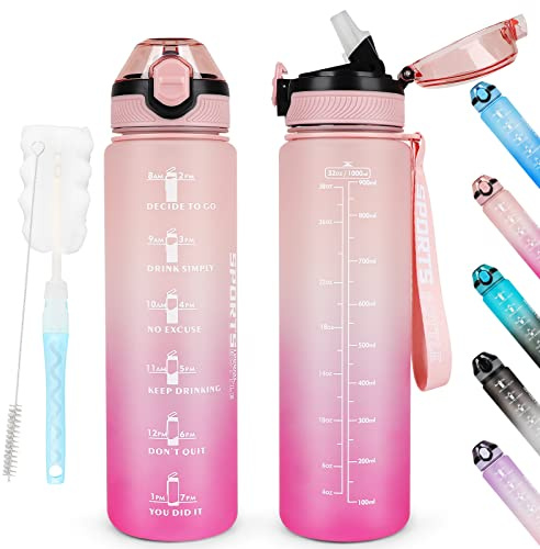 AOHAN Bouteille d'eau de 1 L sans BPA avec paille, passe au lave-vaisselle, couvercle anti-fuite, bouteille d'eau motivante avec marquages de temps, non toxique