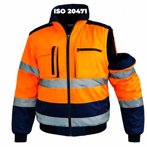 VENTUX SAFETY EQUIPMENT || Taglia L || Giacca ad Alta Visibilità Softshell Imbottita con Catarifrangenti || Anti-Pioggia || Arancione/Blu Navy (Regular, Arancione/Blue Navy)