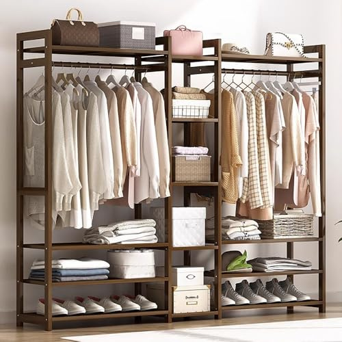 angroups Stand Appendiabiti in Bambù, Multifunzionale Appendiabiti da Terra, Armadio Aperto con 13 Ripiano e 2 Barra, per Ingresso e Camera da Letto,Facile da Assemblare, 170x30x150cm