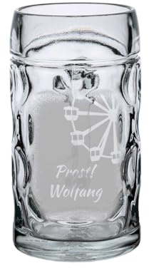 LUXENTU ISAR Bierkrug mit Gravur, Riesenrad-Motiv, 0,5 l, 1 Stück | Personalisiertes Bierseidel zum Geburtstag mit Volksfest-Motiv für Bierliebhaber, spülmaschinenfest